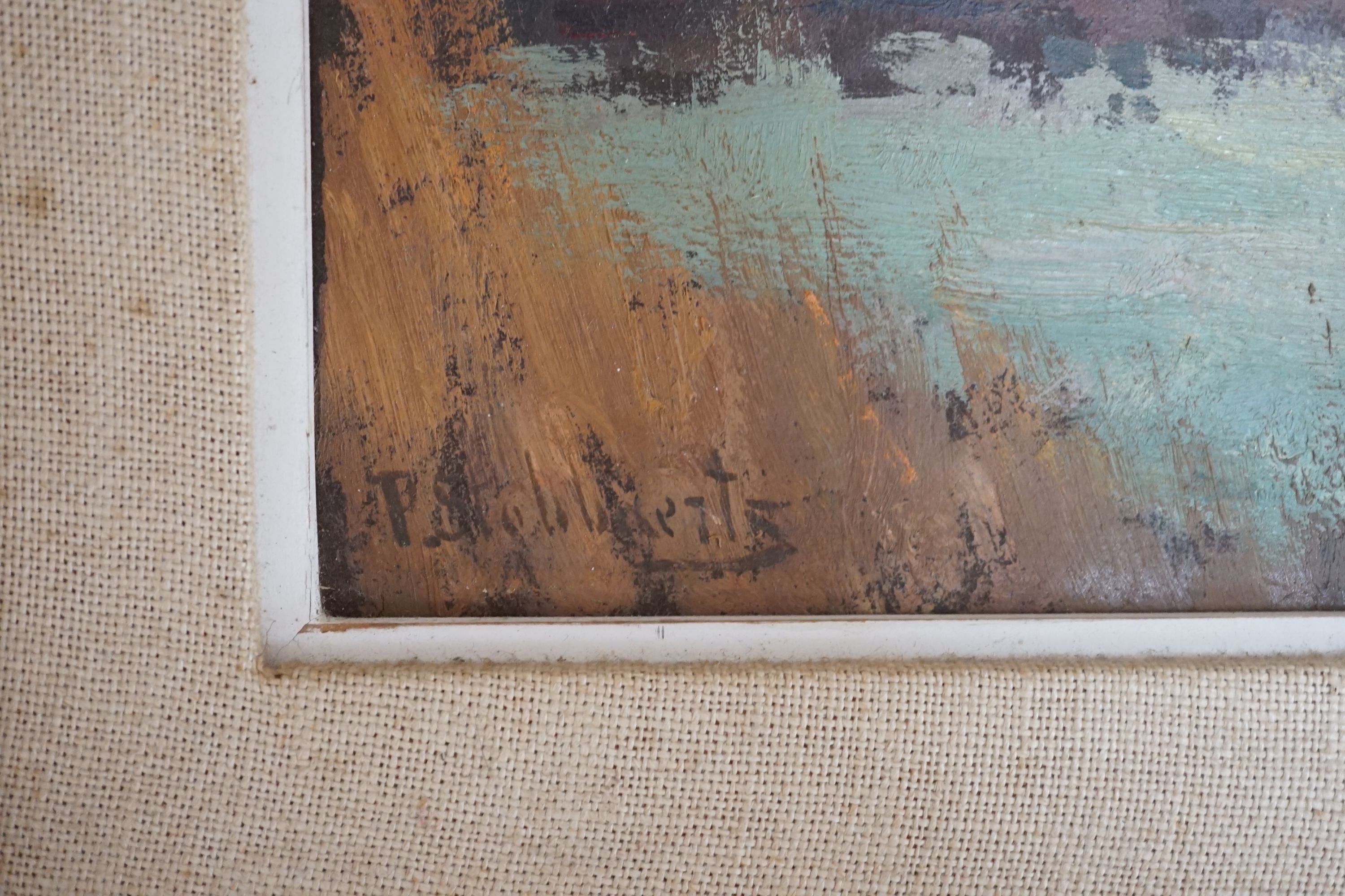 Pieter Stobbaerts, oil on board, Sunset over a lake, signed, 26 x 34cm